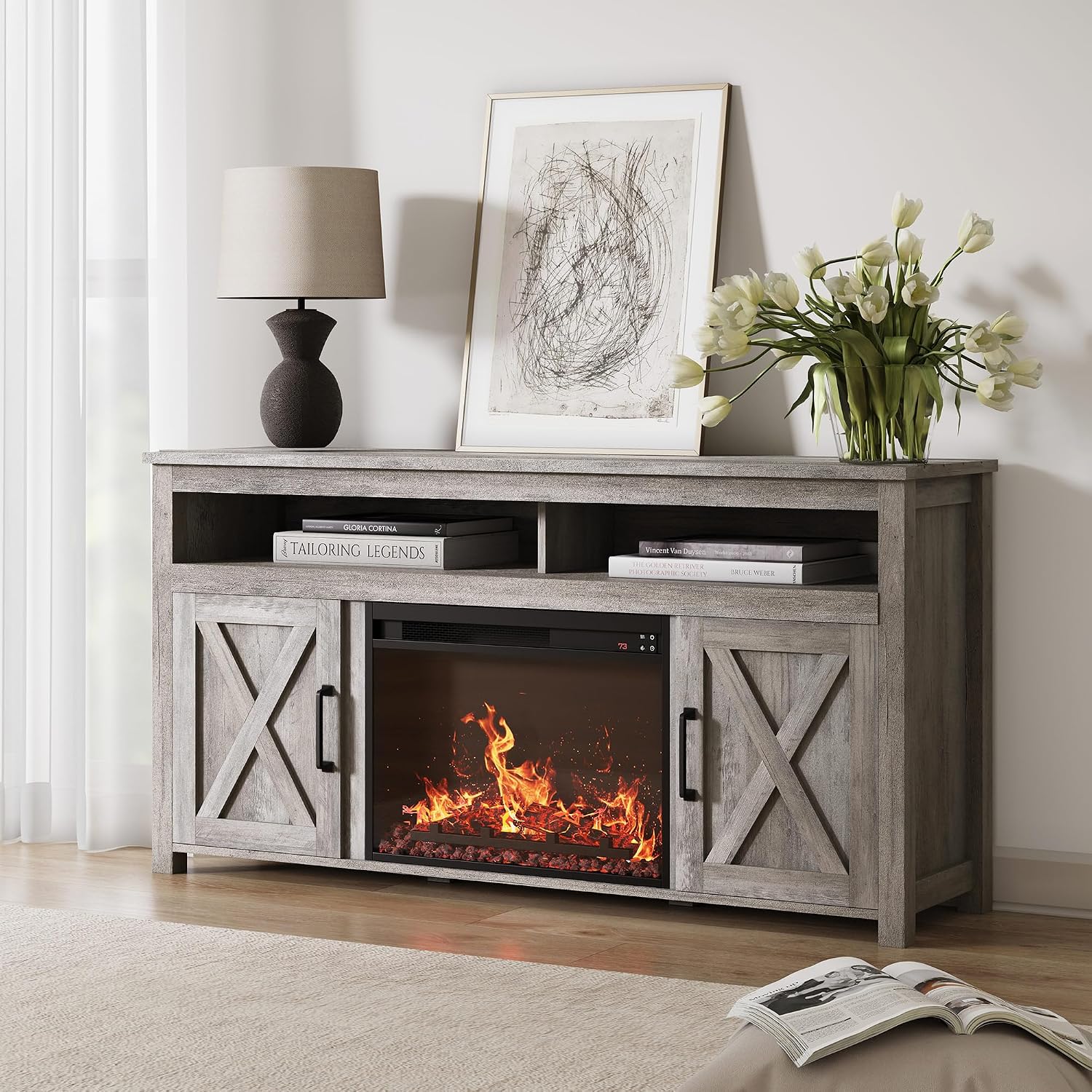 BELLEZE 58' Farmhouse Fireplace TV Stand for TVs up to 65', 23' Electric Fireplace Heater with Sound, Entertainment Center Media Console Table Barn Door Storage Cabinets for Living Room -Gray