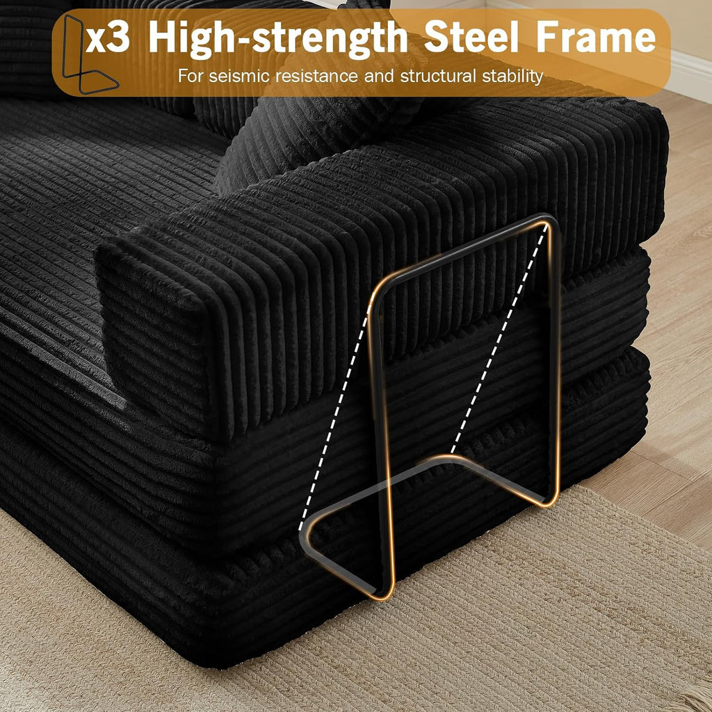 81'' Futon Sofa Bed, Folding Floor Couch Bed, Corduroy Fabric Boneless Couch, Compressed Boneless Sofa in a Box, Comfy Sleeper for Living Room-Black