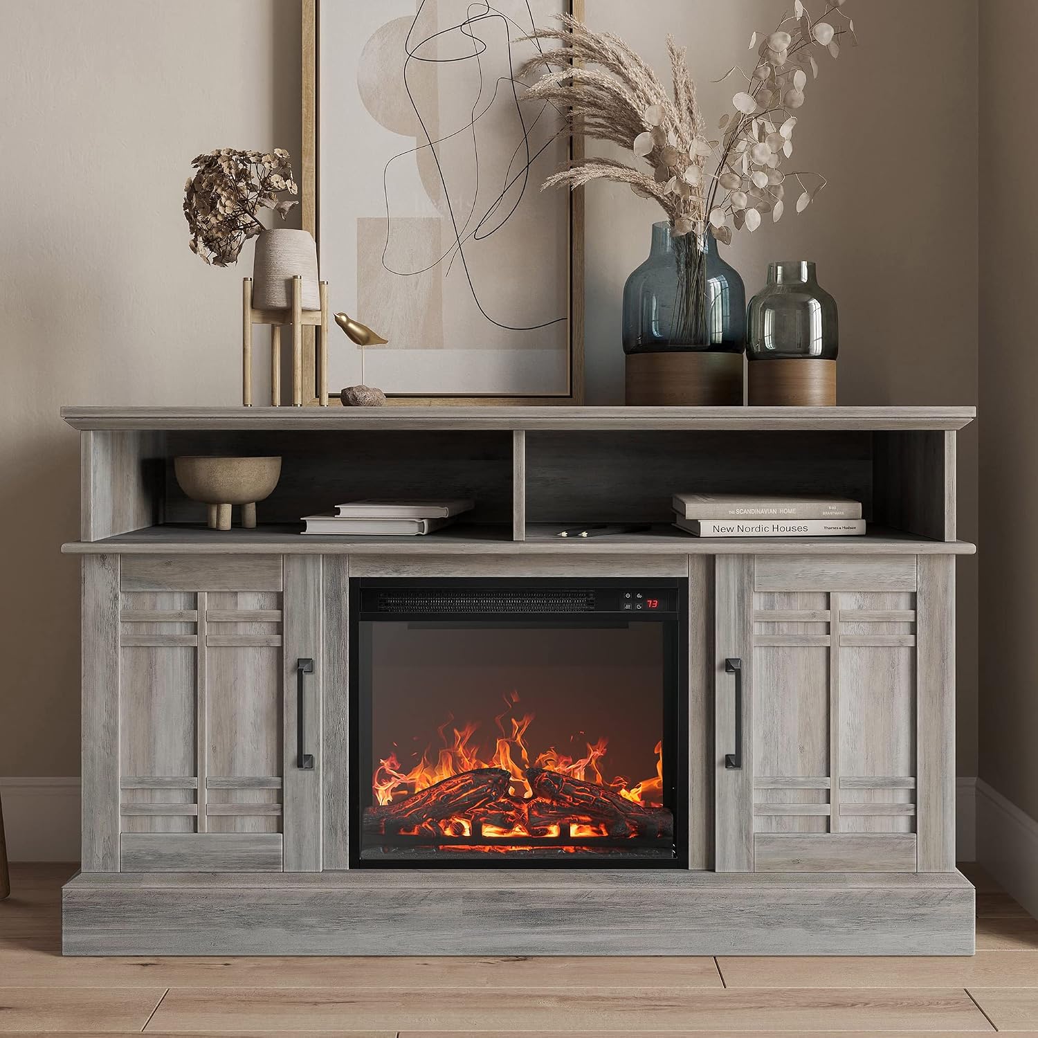 BELLEZE 48' TV Stand with 18' Electric Fireplace Heater, Modern TV Stand for TVs up to 50', Entertainment Media Stand with Open Shelves and Storage Cabinets for Living Room, Bedroom (Grey Wash)