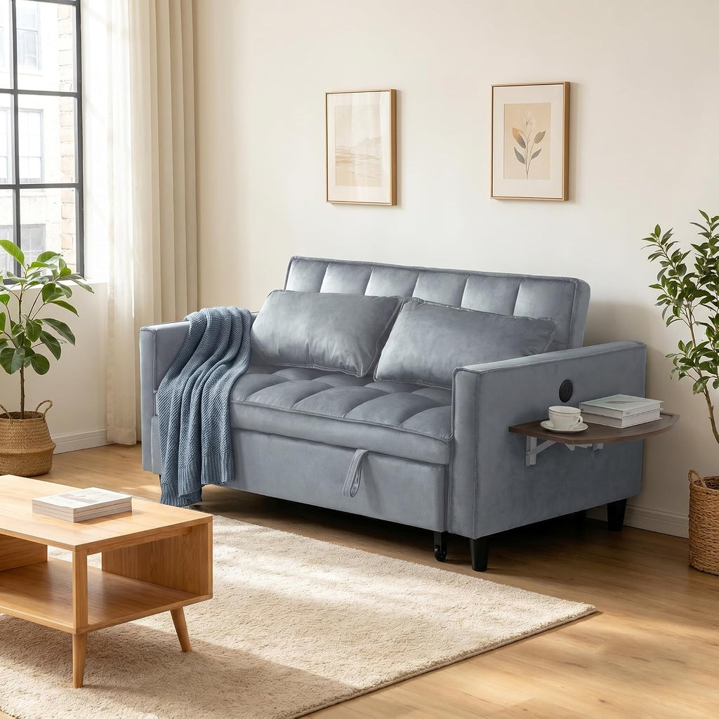 4 in 1 Convertible Sofa Bed, Pull Out Couch with Adjustable Backrest, Loveseat Sleeper Sofa Bed with USB Ports and Side Table, Couch Beds for Living Room, Bedroom, Apartment, Gray