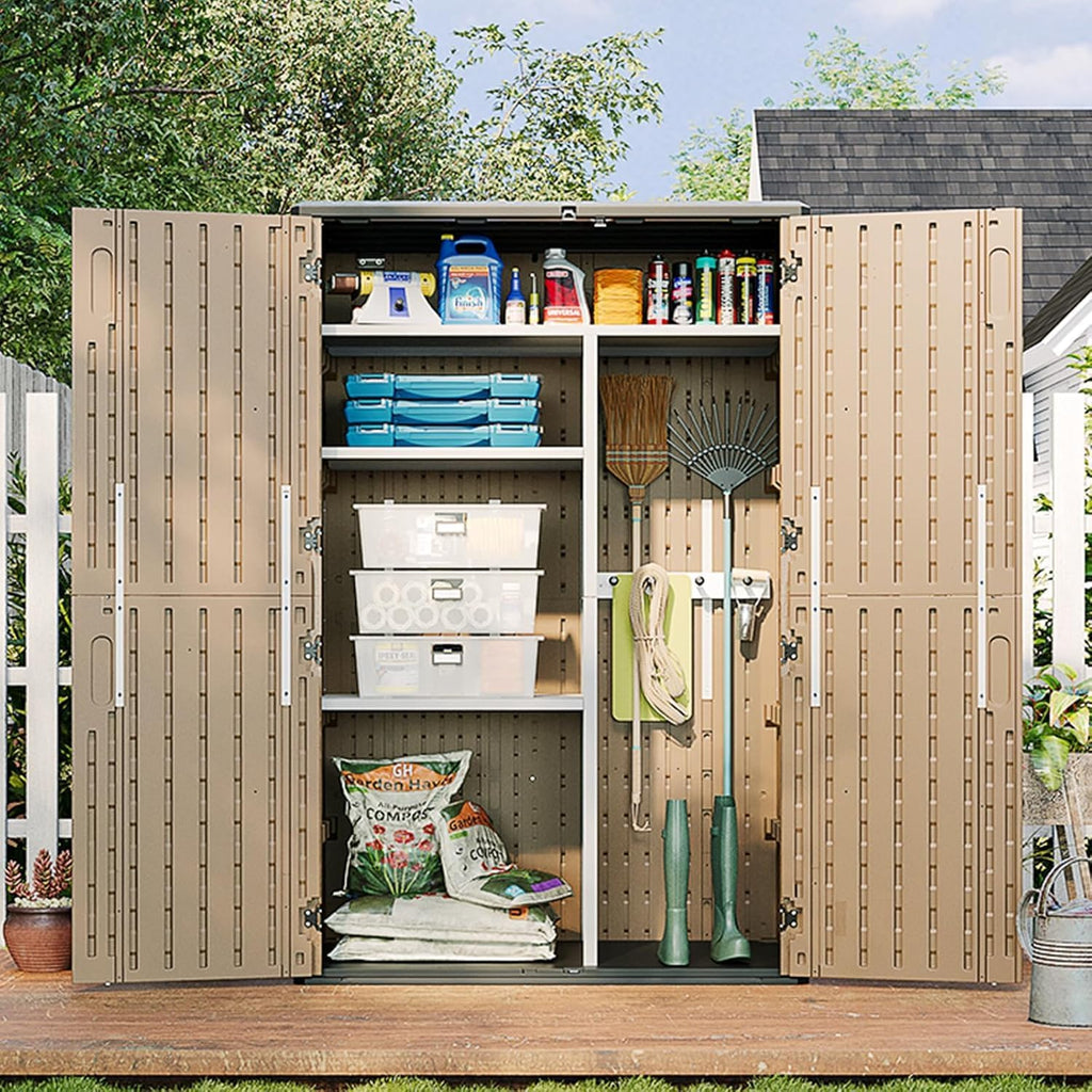 Aoxun Outdoor Storage Shed, 64 Cu.Ft Vertical Storage Sheds Outdoor with Floor, Outdoor Waterproof Storage Cabinet for Garage Storage, Pool Storage (Brown)