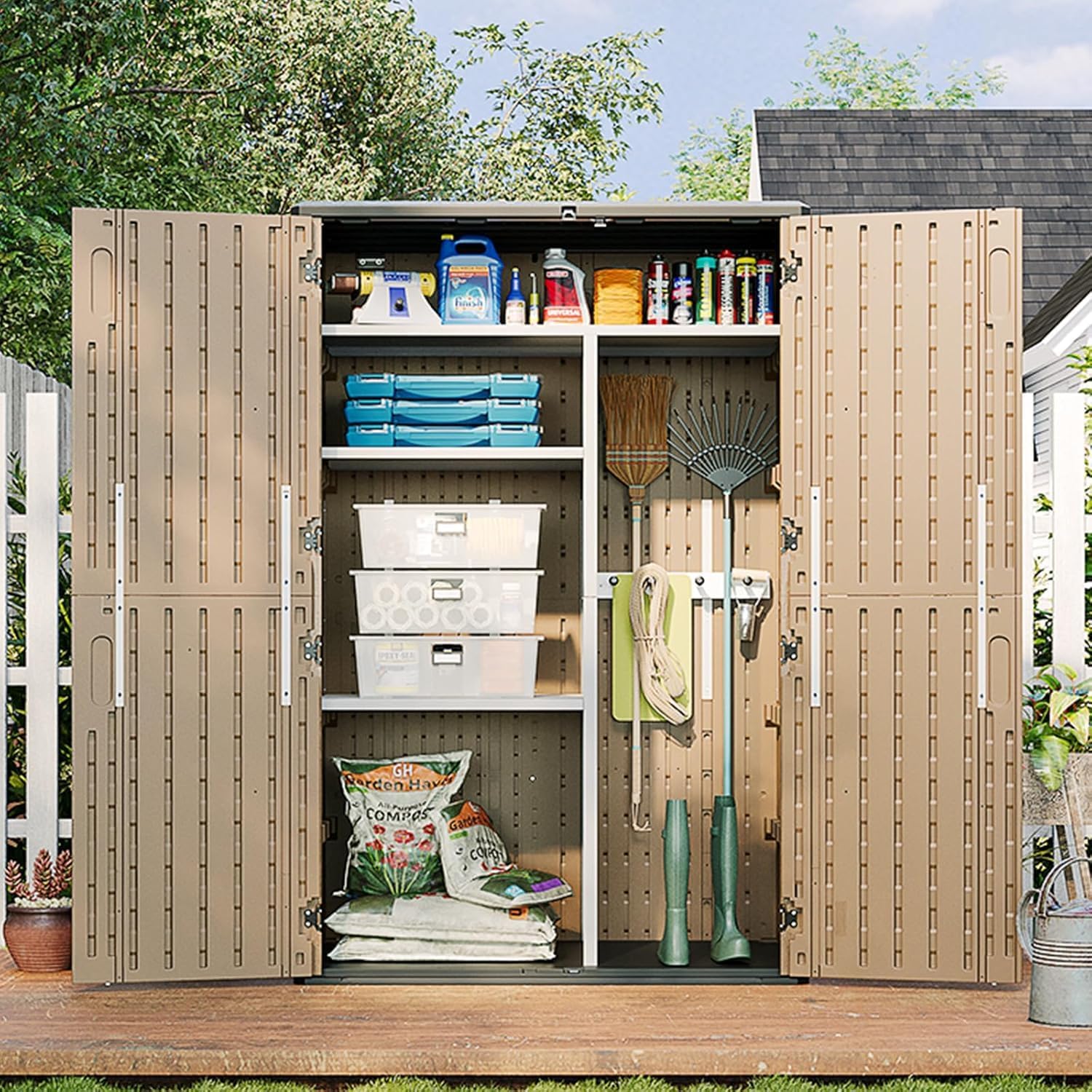 Aoxun Outdoor Storage Shed, 64 Cu.Ft Vertical Storage Sheds Outdoor with Floor, Outdoor Waterproof Storage Cabinet for Garage Storage, Pool Storage (Brown)