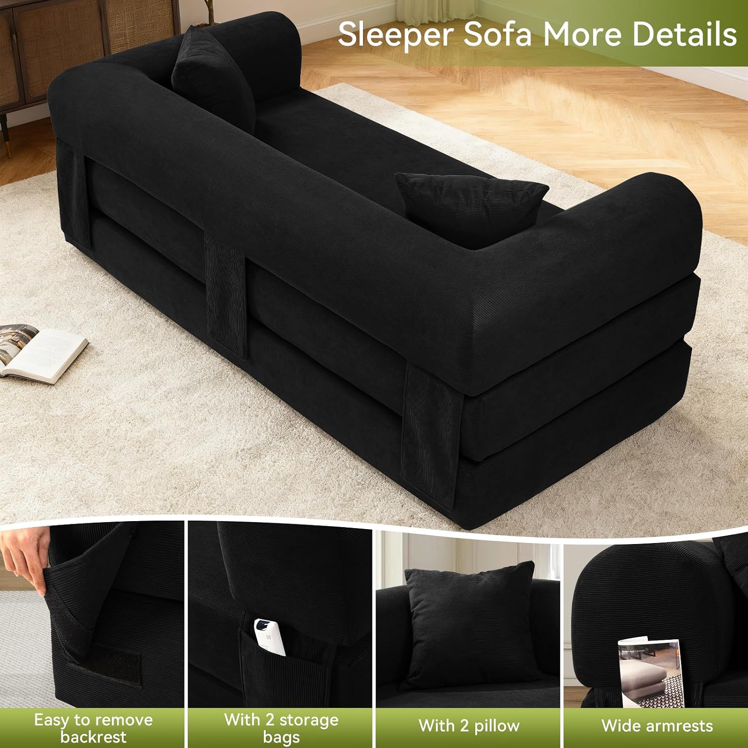Convertible Futon Sofa Bed,80' Folding Pull Out Couch with Pillows & Storage Pocket (Black, Corduroy-35.5'W)