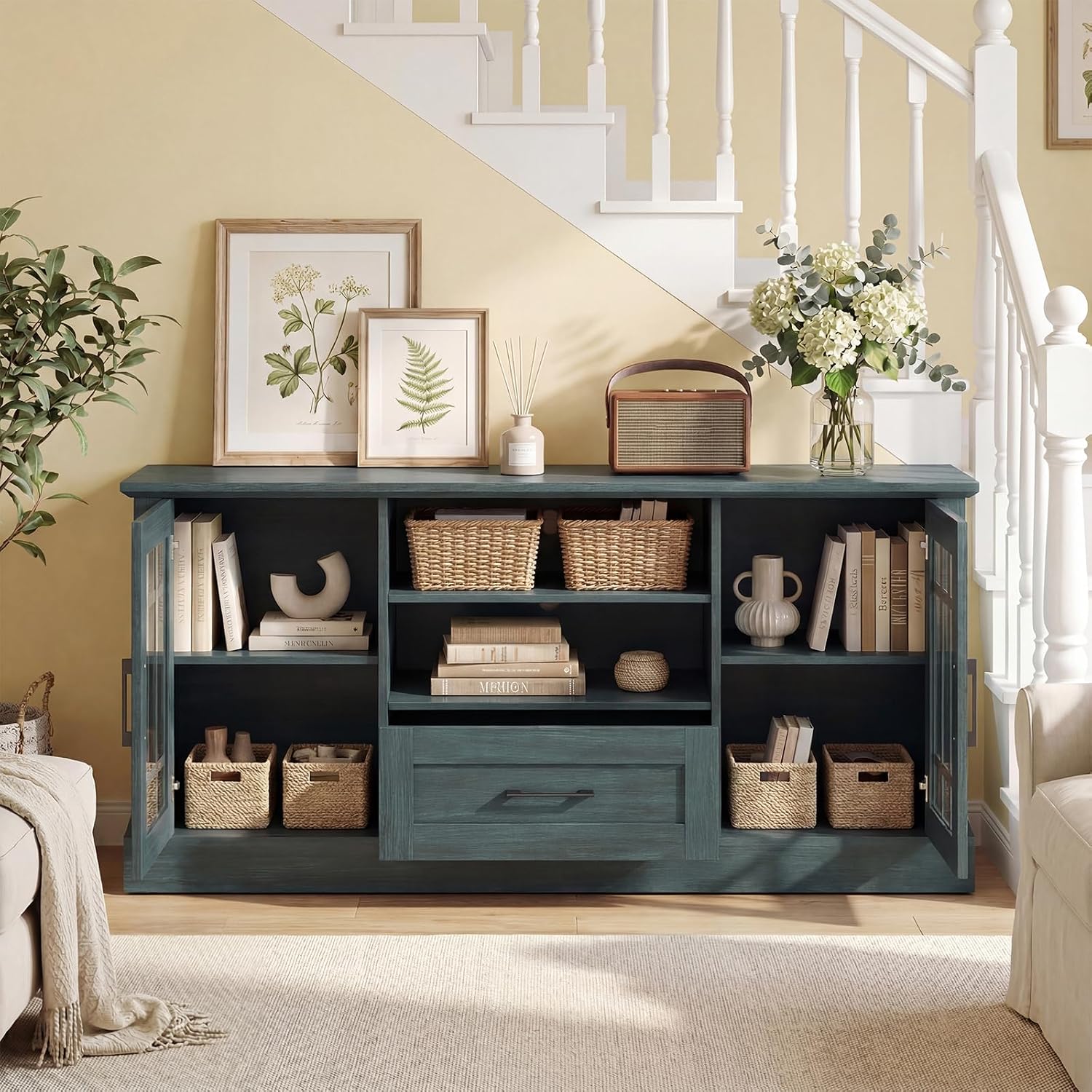 Giantex Farmhouse TV Stand for 65/70 Inch TV, Tall Entertainment Center with Storage Cabinets, Glass Doors, Drawer, Removable Shelves, Media TV Console Table for Living Room, Bedroom (Vintage Green)