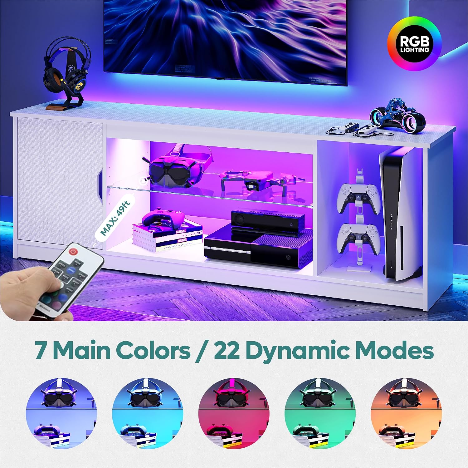 Bestier Gaming LED TV Stand for 65 Inch TV, Entertainment Center with Cabinet for PS5 Xbox, Modern TV Console for Living Room Bedroom, Adjustable Glass Shelves, Carbon Fiber White