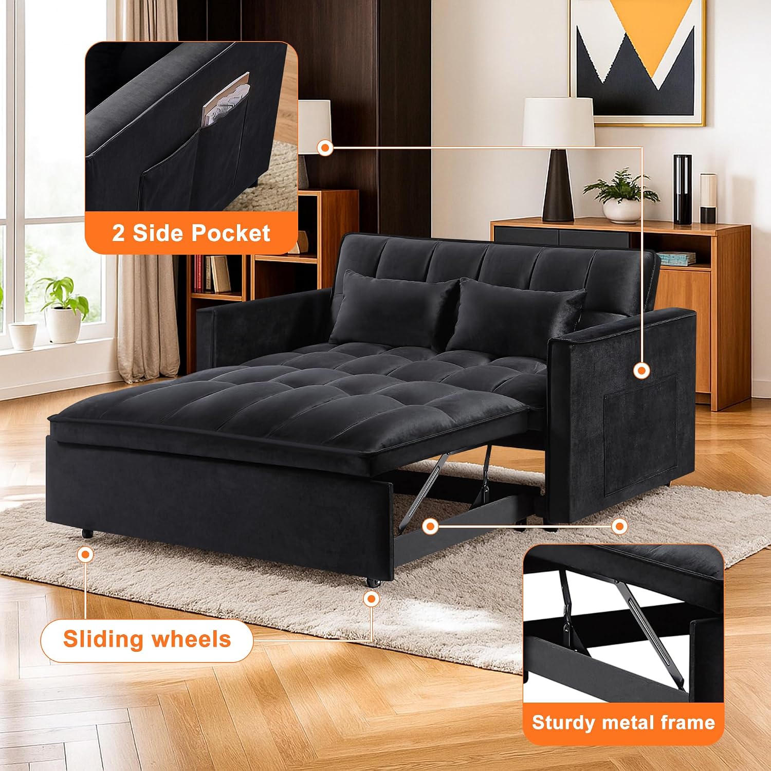 54' Sleeper Sofa Bed, Velvet Pull Out Couch with Adjustable Backrest, 3-in-1 Convertible Futon Loveseat Sleeper Sofa Couch for Small Spaces, Living Room (Black)