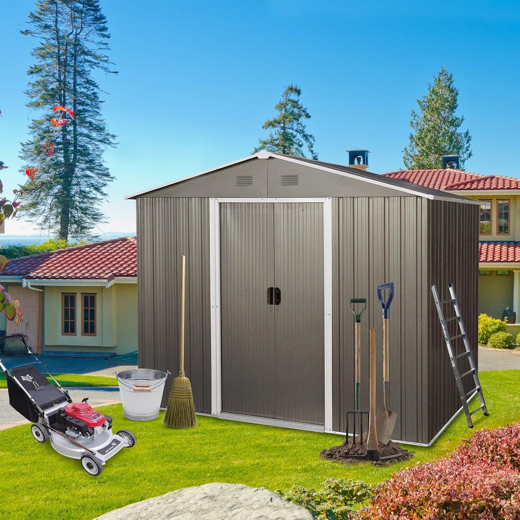 8 x 6 FT Outdoor Storage Shed, Metal Garden Shed with Floor Frame, Large Tool Shed Outdoor Storage with Lockable Sliding Doors & Air Vents, Storage House Waterproof for Backyard, Lawn, Gray