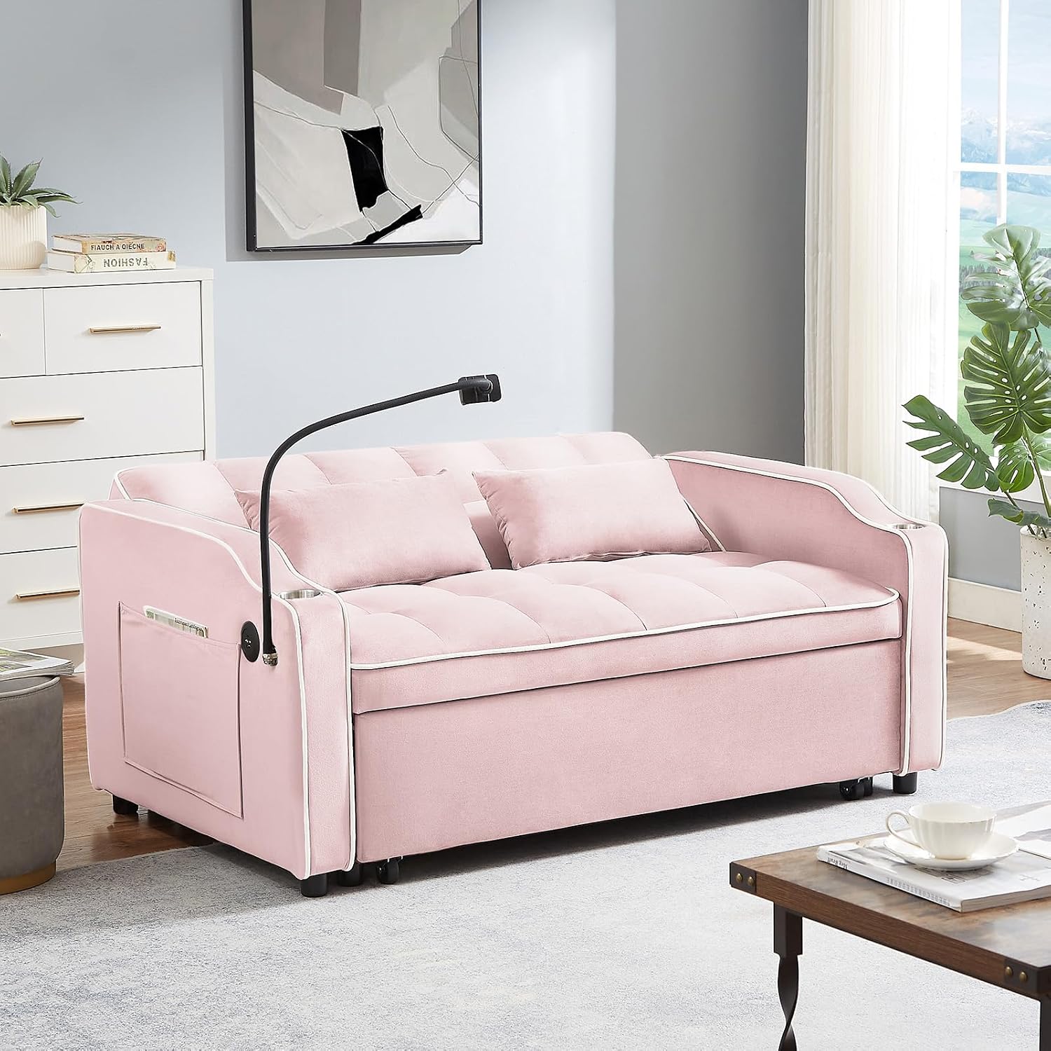 JEEOEHY 3 in 1 Convertible Sleeper Sofa Bed,Velvet Pull Out Couch Bed w USB&Type C Port,Comfy Futon Loveseat w Adjustable Backrest&Phone Stand&Cup Holder for Living Room Apartment Small Space(Pink)