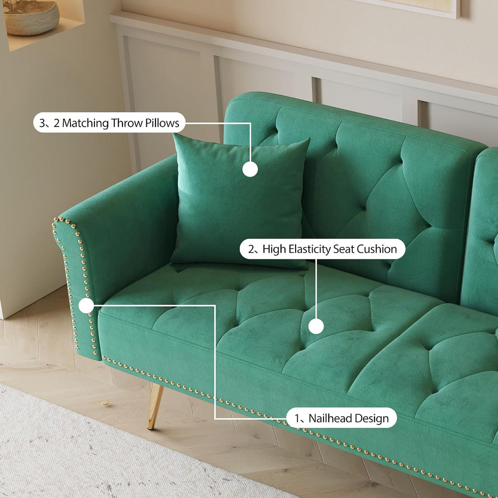 KEIKI 70' Folding Futon Sofa Couch w/Adjustable Backrest, Mid Century Modern Loveseat Convertible to Sleeper Bed, Small Comfy Velvet Cloud Couch SofaBed for Living Room & Bedroom, 2 Pillows, Green