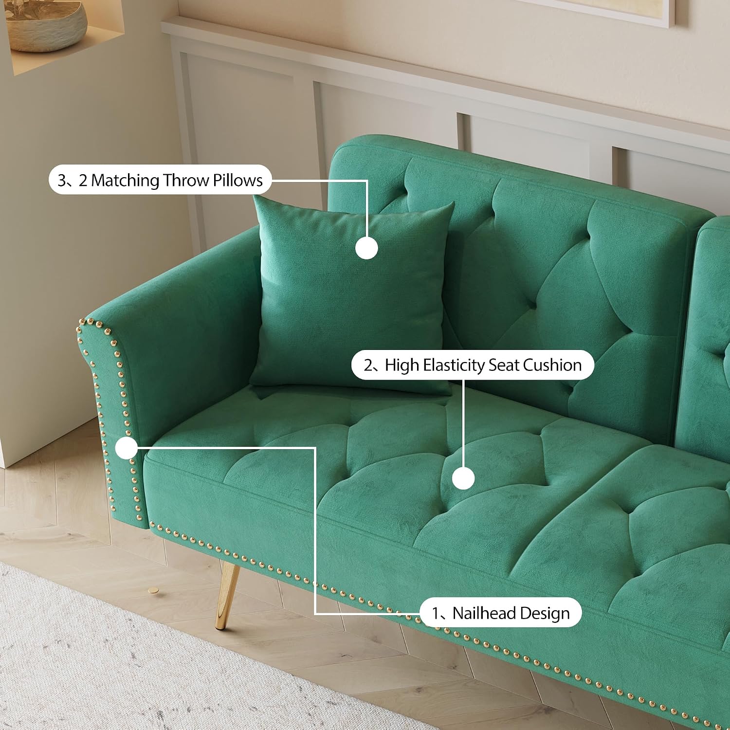 KEIKI 70' Folding Futon Sofa Couch w/Adjustable Backrest, Mid Century Modern Loveseat Convertible to Sleeper Bed, Small Comfy Velvet Cloud Couch SofaBed for Living Room & Bedroom, 2 Pillows, Green