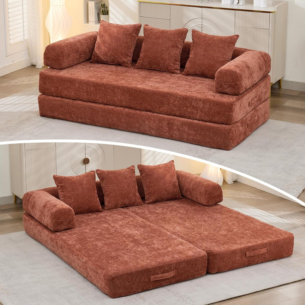 Futon Sofa Bed, Modular Convertible Folding 3 Seater Chenille Foam Floor Loveseat Sleeper Sofa Couch with 3 Pillows, No Assembly Compressed Boneless Couch, for Living Room Bedroom Guest Room, Orange