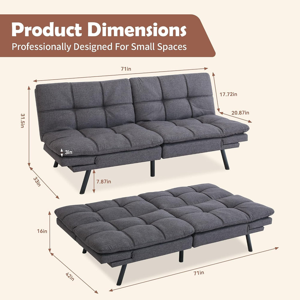 Hcore Futon Sofa Bed, Memory Foam, Sofa Bed, 71' L x 31' W x 16' H, Dark Grey