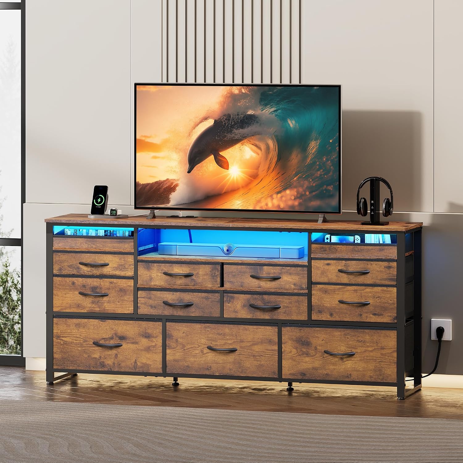 WLIVE Long Dresser for Bedroom, TV Stand for 55, 60, 65 Inch TV, 13 Drawer Wide Fabric Dresser with Wood Top, Large Chest of Drawers for Living Room, Hallway, Closet, Rustic Brown Wood Grain Print