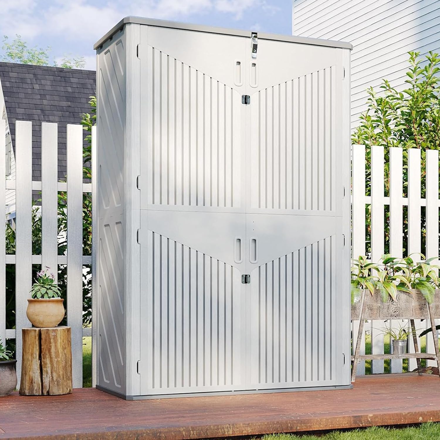 Aoxun Outdoor Storage Shed, 64 Cu.Ft Vertical Storage Sheds Outdoor with Floor, Outdoor Waterproof Storage Cabinet for Garage Storage, Pool Storage, Bike Shed, Garden Shed (White)