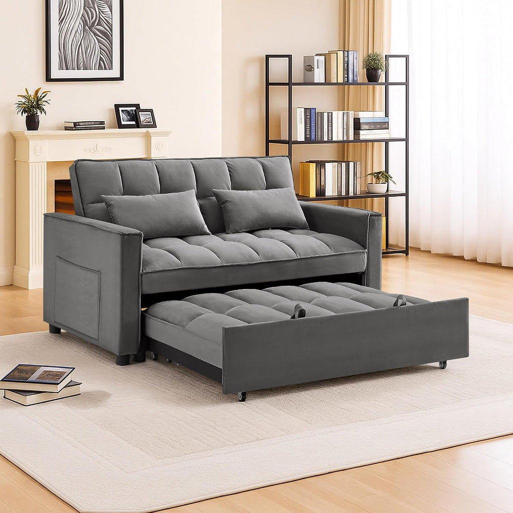 3 in 1 Convertible Sleeper Sofa Bed,Futon Pull Out Couch with Adjustable Backrest,Velvet Fabric Loveseat Sofa with Side Pocket for Bedroom, Living Room