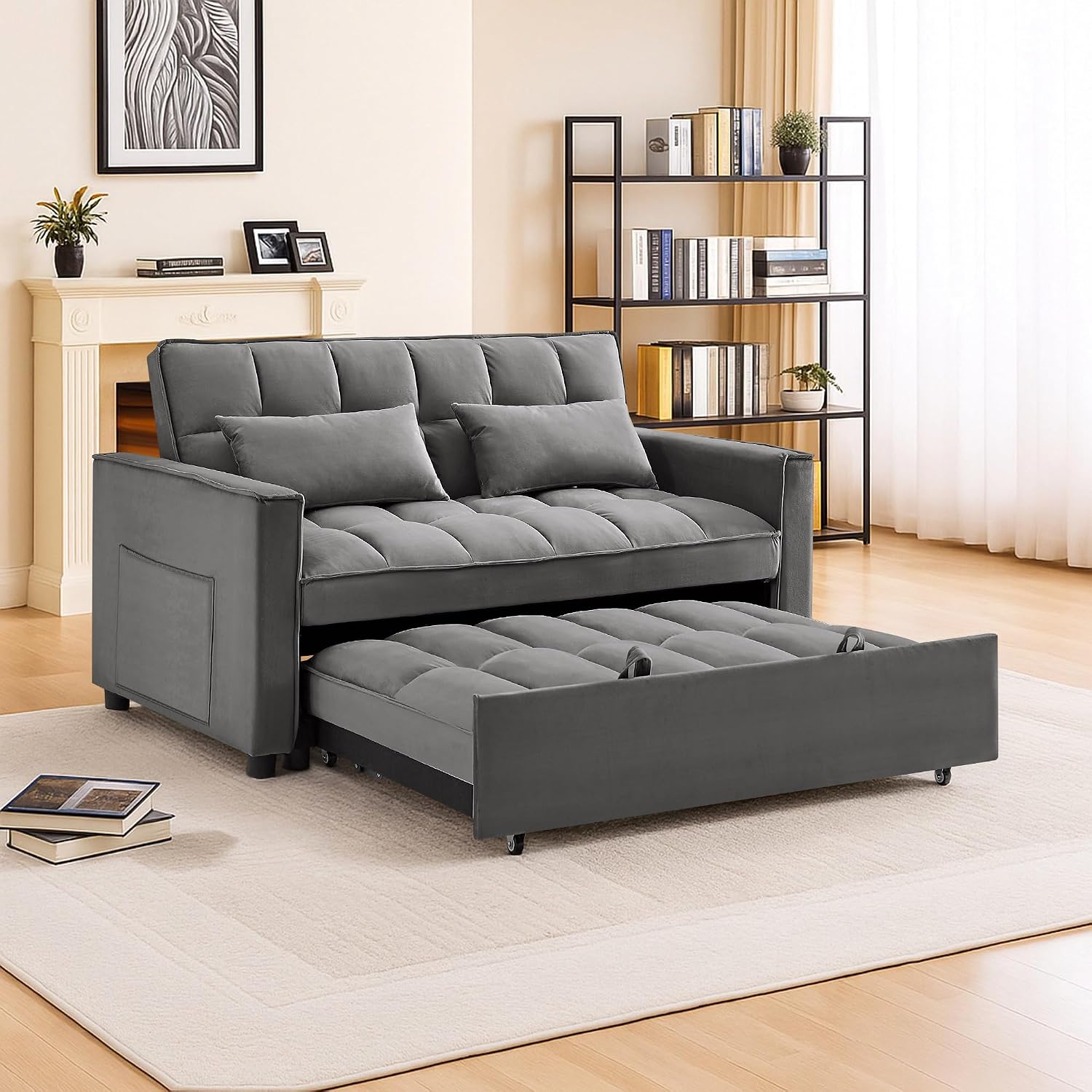 3 in 1 Convertible Sleeper Sofa Bed,Futon Pull Out Couch with Adjustable Backrest,Velvet Fabric Loveseat Sofa with Side Pocket for Bedroom, Living Room