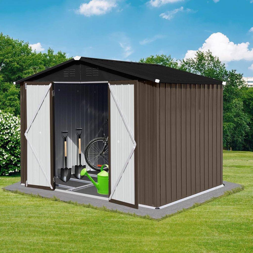 6x8 FT Garden Metal Sheds with Waterproof Roofs and Lockable Doors,Outdoor Storage Tool House W/Punched Vents,Backyard Office Shed,for Bike,Barbeque,Brown + Black