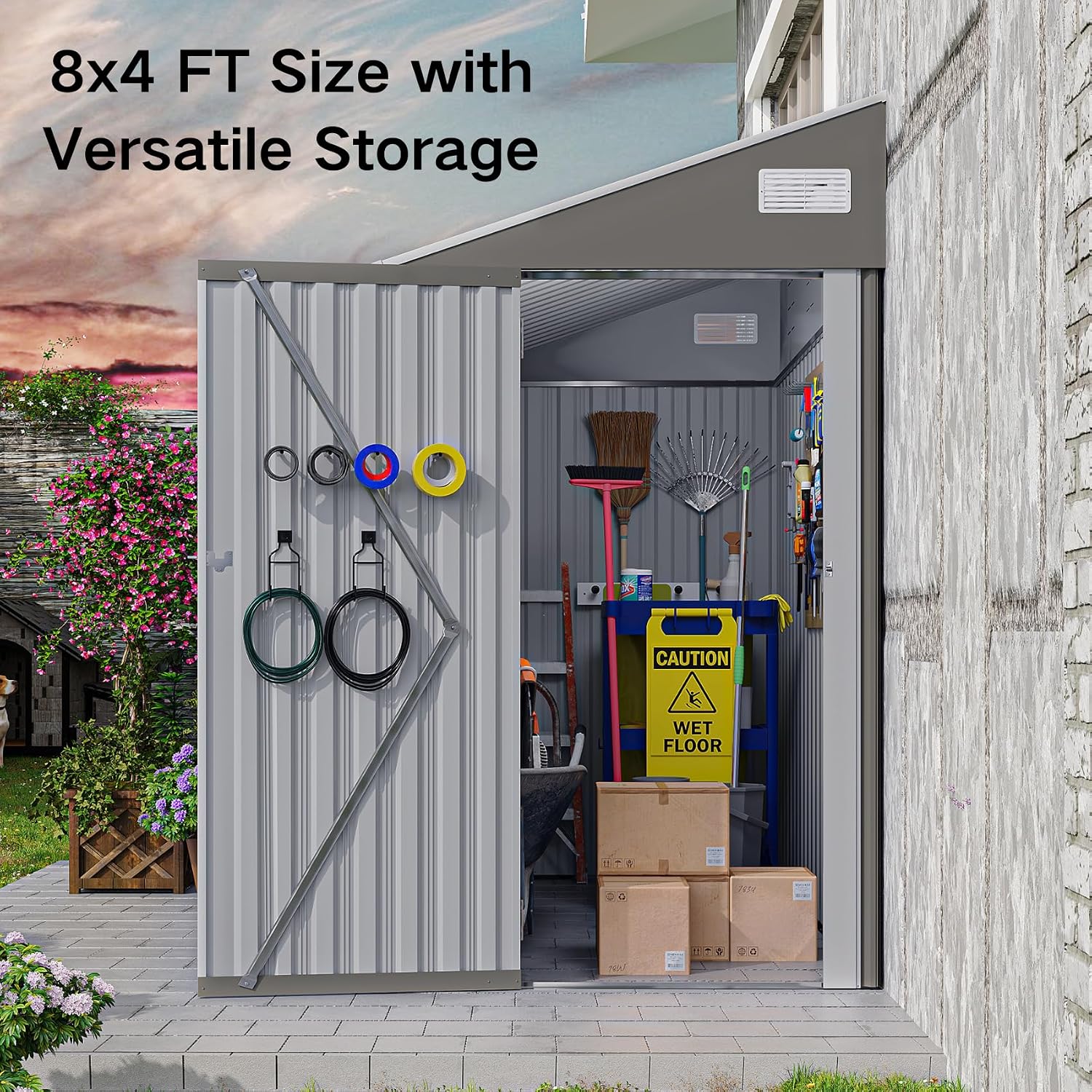 8x4 FT Outdoor Storage Shed with Single Hinge Door, Metal Shed with Air Vents and Waterproof for Backyard Garden, Patio，Poolside, Dark Gray