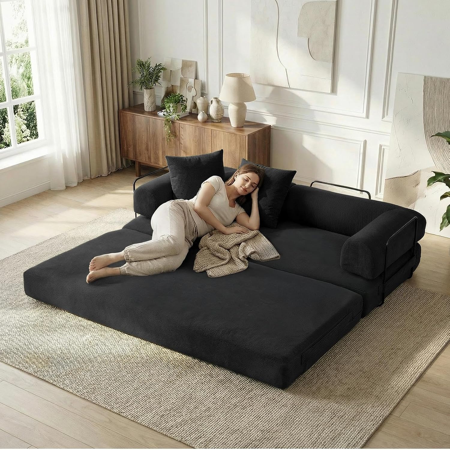 4-in-1 Convertible Folding Sofa Bed, 79' Oversized Corduroy Upholstered Boneless Couch, Loveseat Sleeper Sofa Bed, Floor Sofabed Modular Futon Couch for Living Room Bedroom Lounge (Black)