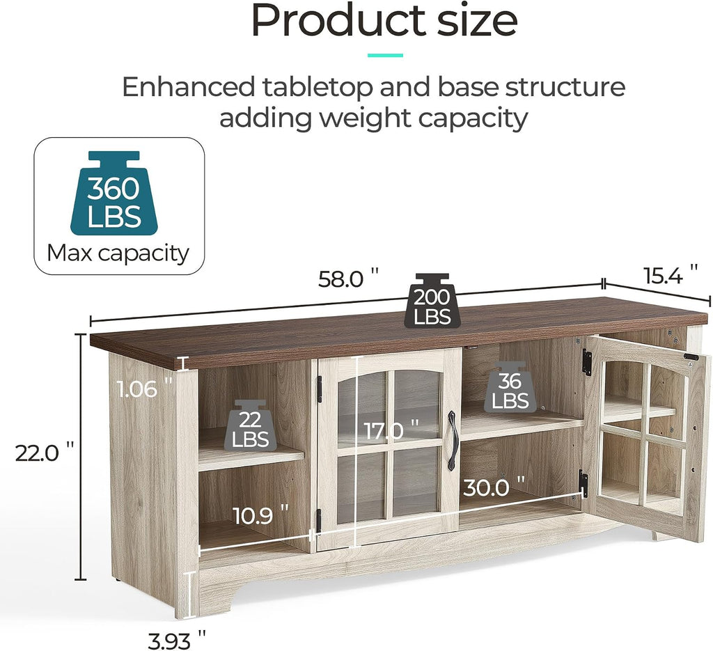LINSY HOME Farmhouse TV Stand for 65 Inch TV, Wood Entertainment Center with Glass Door Storage Cabinet & Adjustable Shelves, Large Sturdy TV Console Table for Living Room Bedroom