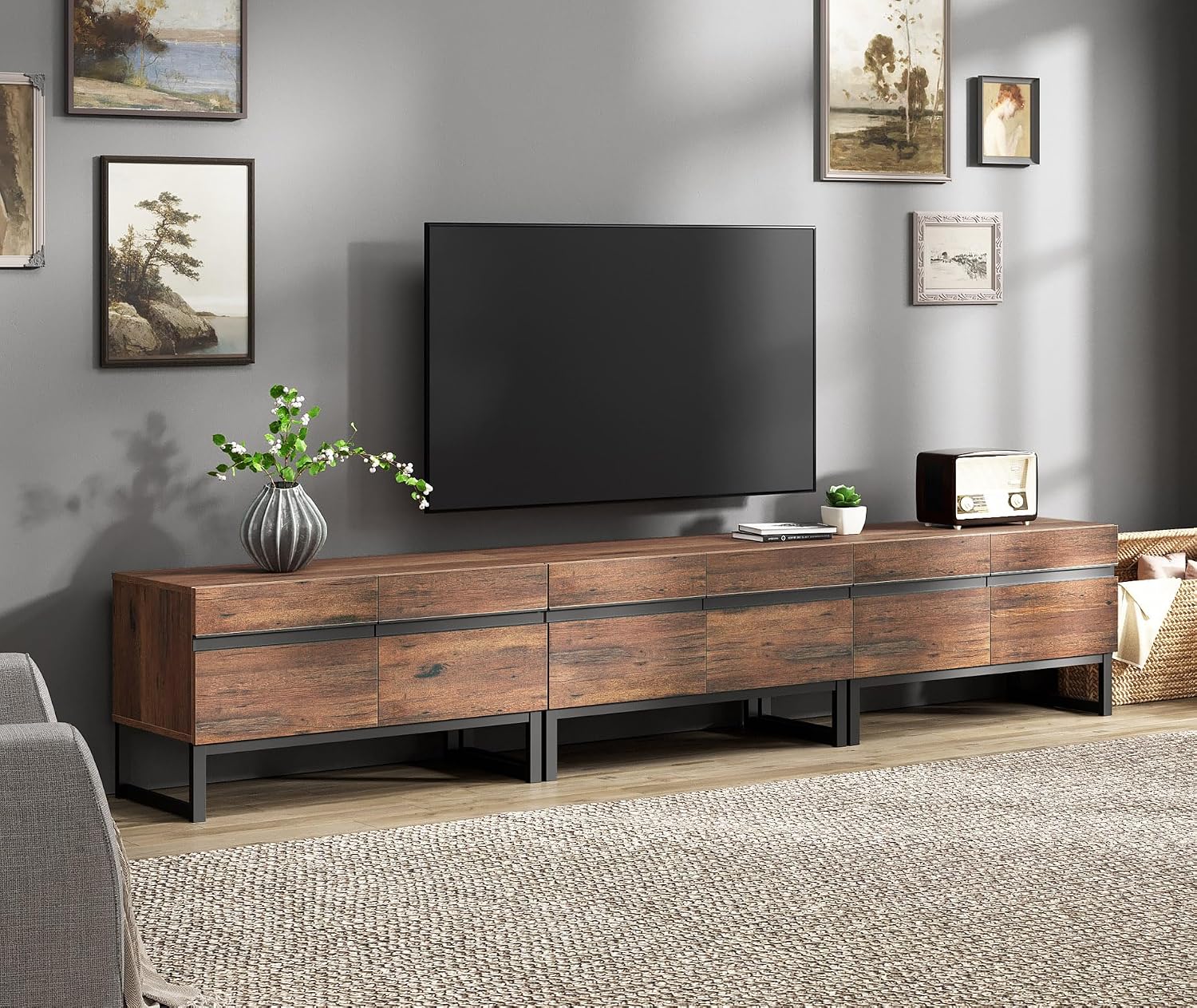 WAMPAT Modern TV Stand for 32-110 Inch TVs, Wood Entertainment Center with Metal Base Storage Cabinets, Media TV Console for Living Room, Brown, 3Pcs