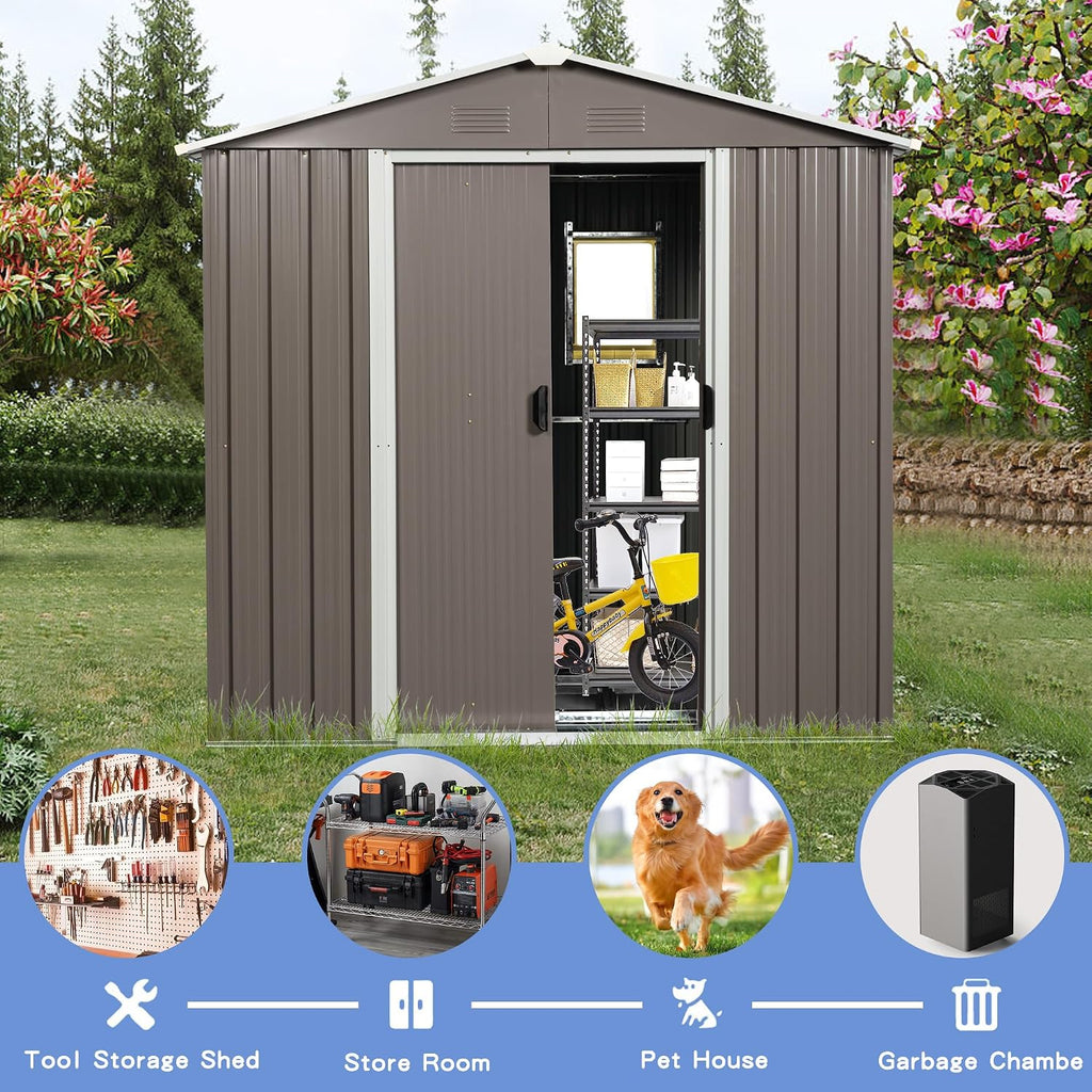 89in x 47in Heavy-Duty Outdoor Metal Storage Shed with Floor Foundation & Window - Galvanized Steel Tool Shed, Tiny Home Backyard Solution w/Lock, Shelves & Anchors,Gray
