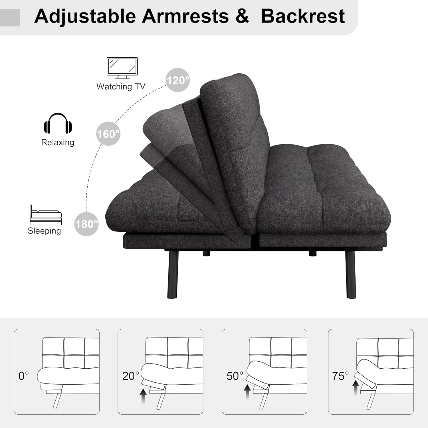 MUUEGM Futon Sofa Bed, 71' Comfortable Memory Foam Futon Sofa with Adjustable Backrest & Armrests, Convertible Loveseat Recliner Sleeper Sofa Bed for Compact Living Room, Apartment, Office, Grey