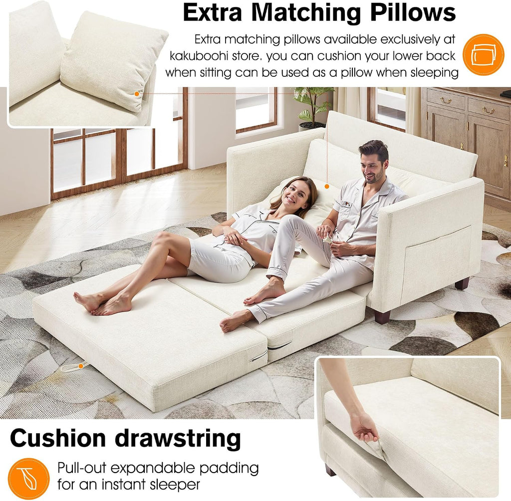 51' Loveseat Sleeper Sofa Bed, Chenille Convertible Floor Sofa Bed for Small Spaces, Folding Couch Bed with Deep Seat, 2 Pillows & Solid Frame, Pull Out Floor Couch for Living Room, Beige