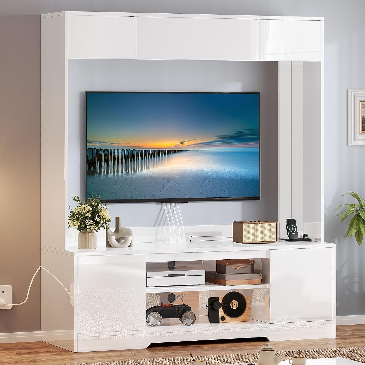 YITAHOME Wall Unit Entertainment Center with Storage for Living Room, Modern Tall TV Stand for 65 Inch TV with Power Outlets & Adjustable Storage Cabinet, White