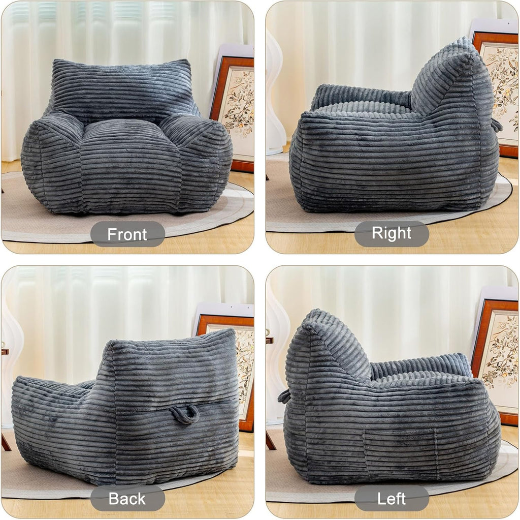 Bean Bag Chair for Adults, Comfy Corduroy Beanbag with Armrests, Lazy Sofa Floor Chair for Living Room, Bedroom, Dorm & Lounge, Cozy Fluffy Single Mini Couch (Gray)