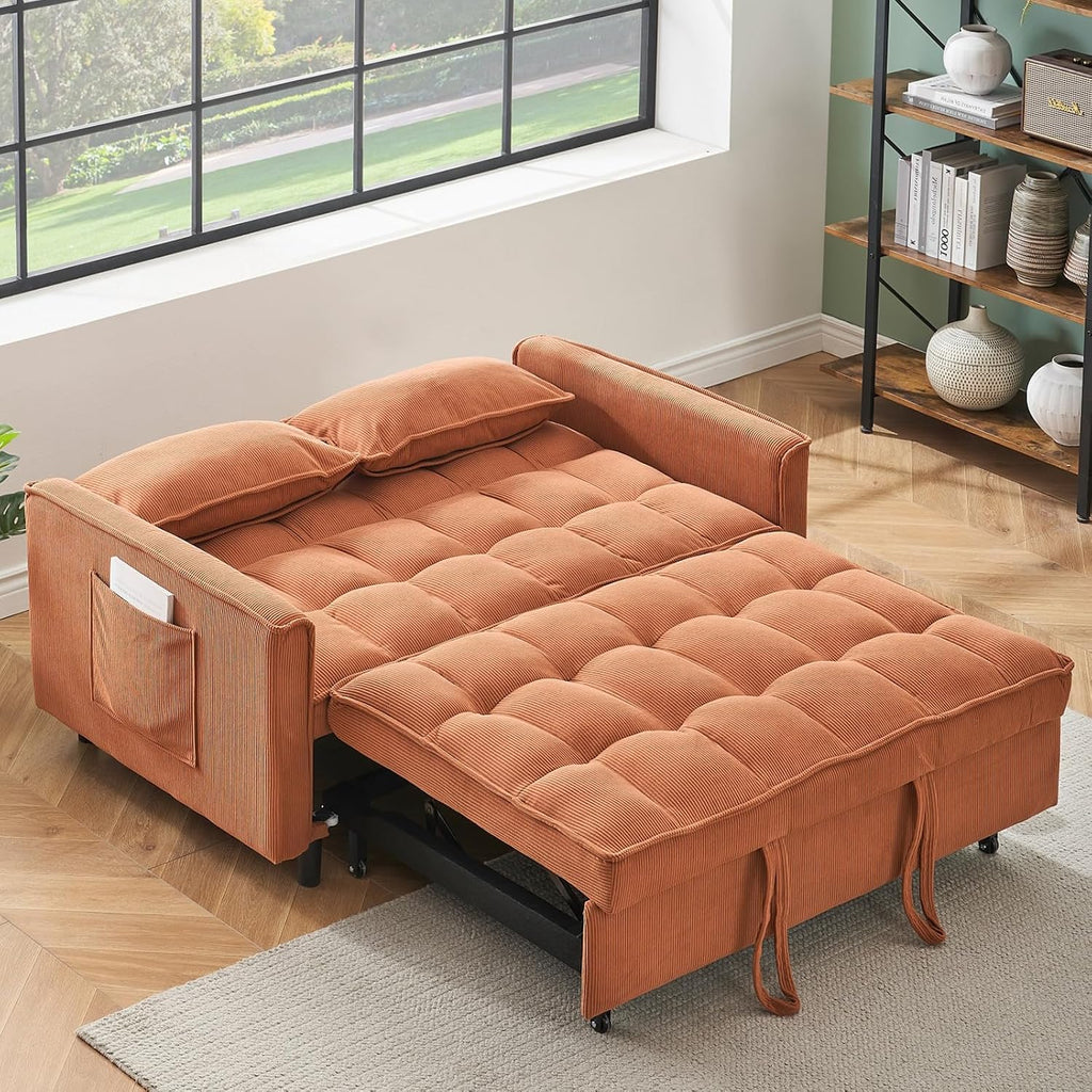 3 in 1 Convertible Sleeper Sofa Bed,Futon Pull Out Couch with Adjustable Backrest,Velvet Fabric Loveseat Sofa with Side Pocket for Bedroom, Living Room (Orange)