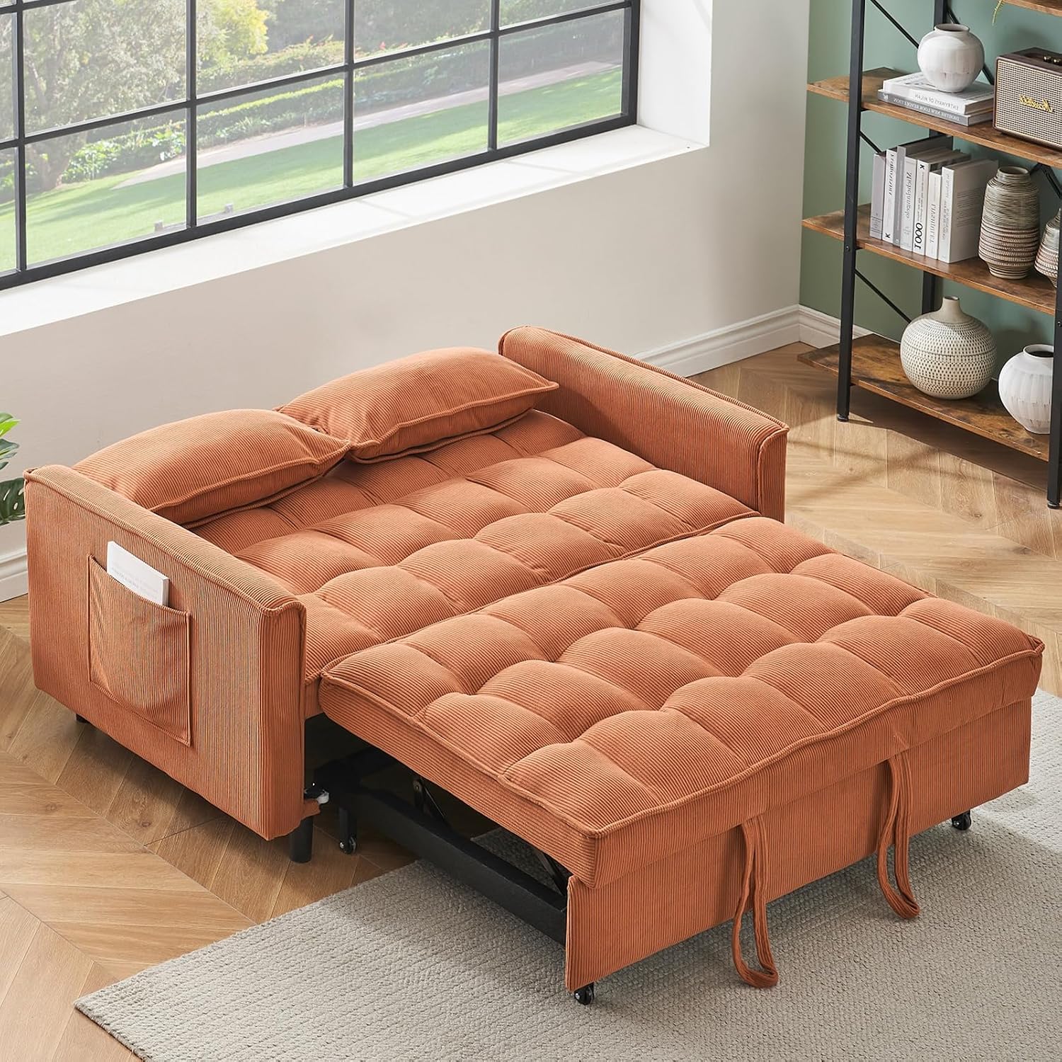 3 in 1 Convertible Sleeper Sofa Bed,Futon Pull Out Couch with Adjustable Backrest,Velvet Fabric Loveseat Sofa with Side Pocket for Bedroom, Living Room (Orange)