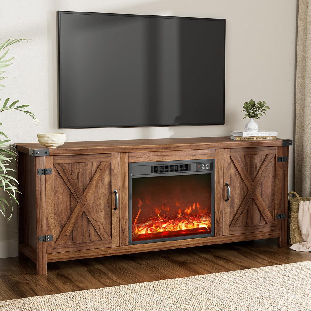 YESHOMY Fireplace TV Stand with Two Barn Doors and Storage Cabinets for Televisions up to 65+ Inch, Entertainment Center Console Table, Media Furniture for Living Room, 58 Inch, Brown
