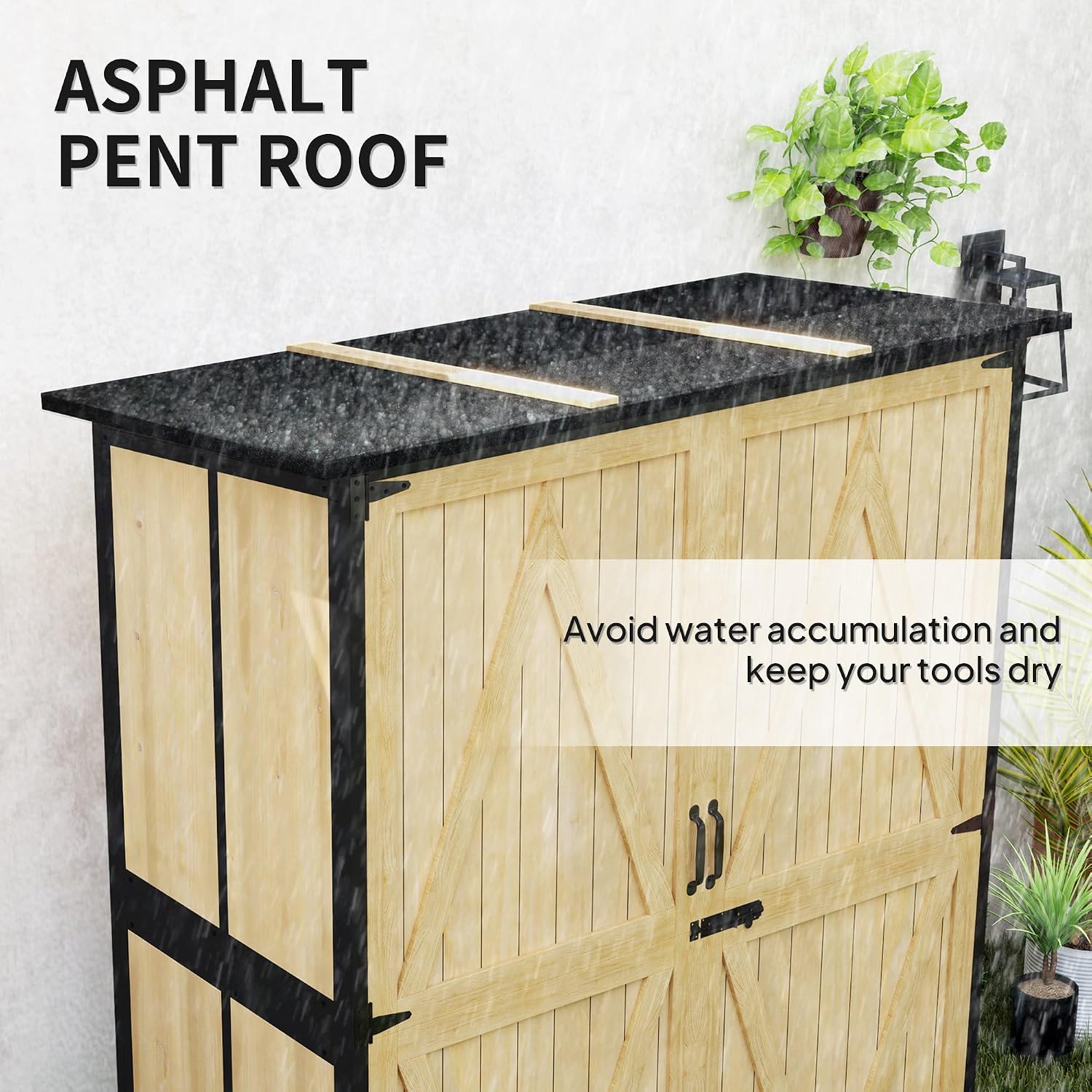 Outsunny Outdoor Storage Cabinet, Wood Garden Tool Shed with Steel Frame and Asphalt Roof, Garden Storage Shed with 2 Shelves, Lockable Doors and Adjustable Feet for Patio Backyard Lawn, Natural