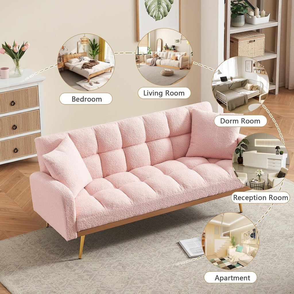 Teddy Futon Sofa Bed,69' Modern Small Love Seat Couch for Small Spaces,Convertible Tufted Sleeper Sofa Loveseat Couch Bed with Gold Metal Legs for Living Room,Bedroom,Apartment (Teddy Pink)