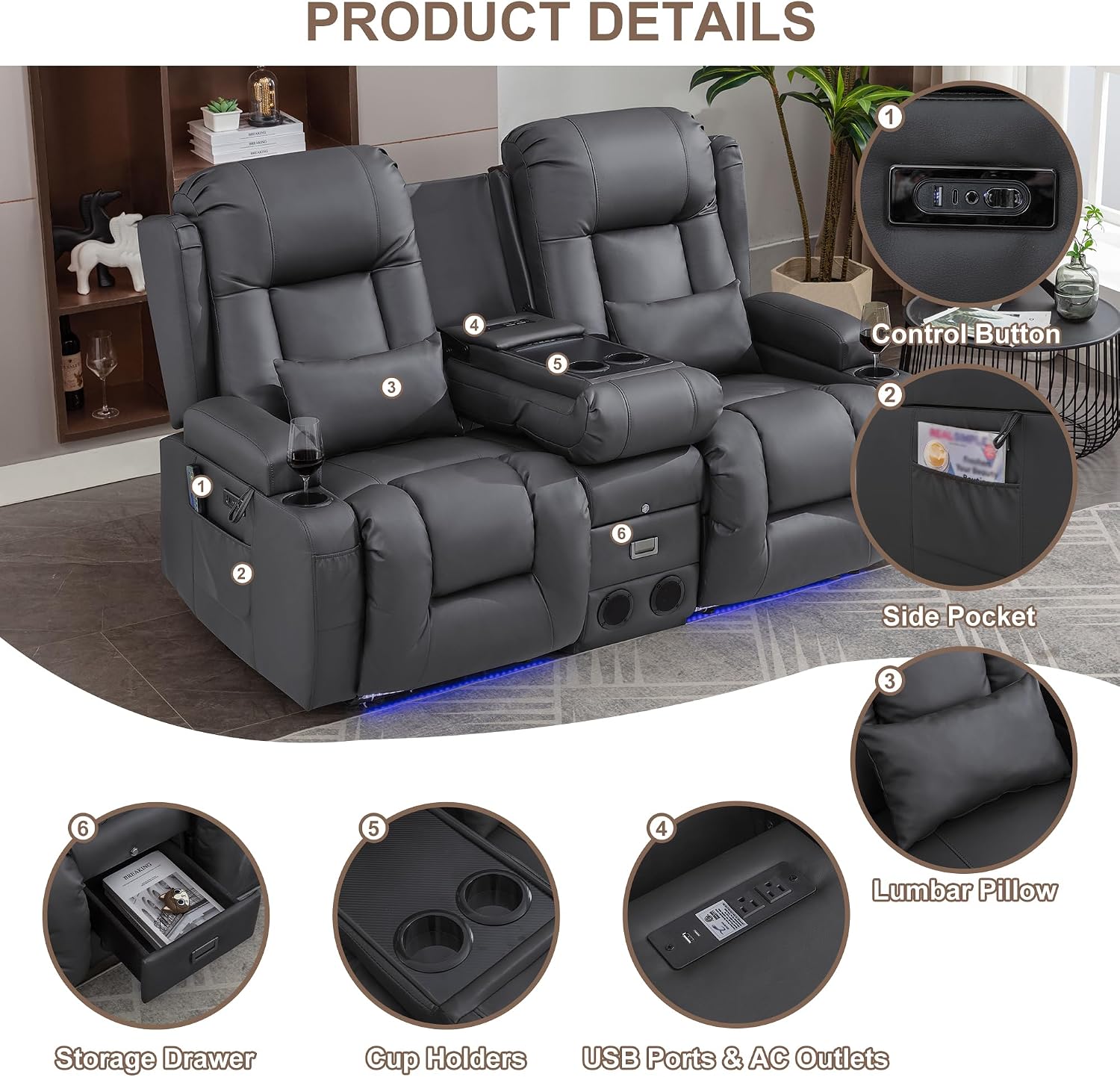 TUNYI Power Loveseat Recliner Sofa with Massage & Heat Home Theater Seating with Console RV Recliner Loveseat Sofa with USB/Storage/Side Pocket/LED Light/Speaker (Warm Grey, Loveseat)