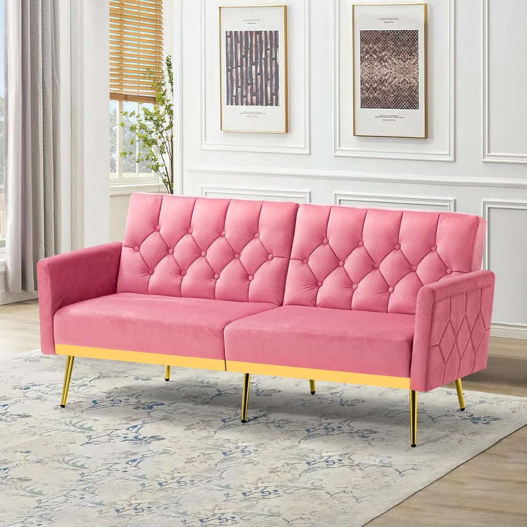 Velvet Futon Sofa Bed w/Adjustable Armrests & Backrests, Button Tufted Sleeper Couch, Modern Convertible Loveseat Sofa for Bedroom, Living Room, Apartment, Pink
