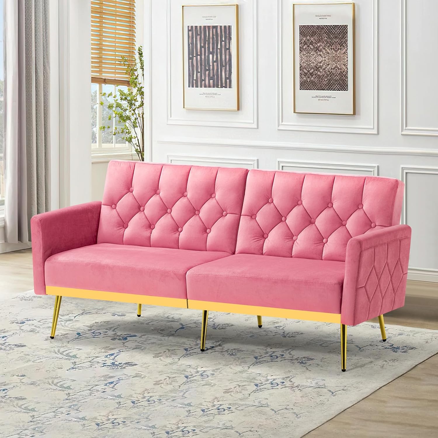 Velvet Futon Sofa Bed w/Adjustable Armrests & Backrests, Button Tufted Sleeper Couch, Modern Convertible Loveseat Sofa for Bedroom, Living Room, Apartment, Pink