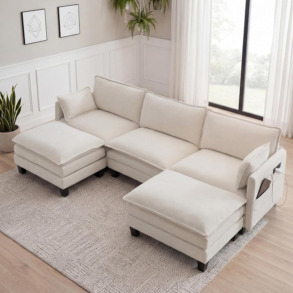 Eafurn Modular Sectional Sofa with Movable Ottomans for Living Room, 4 Seater Convertible U Shaped Sectional Couch Modern Reversible Chenille Sofa Set w/USB Ports and Side Pockets