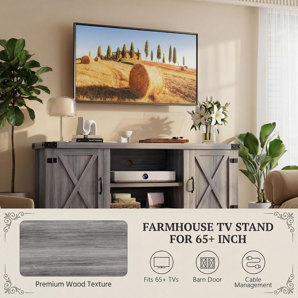 YESHOMY Modern Farmhouse TV Stand with Two Barn Doors and Storage Cabinets for Televisions up to 65+ Inch,Entertainment Center Console Table,Media Furniture for Living Room,Gray & Rustic