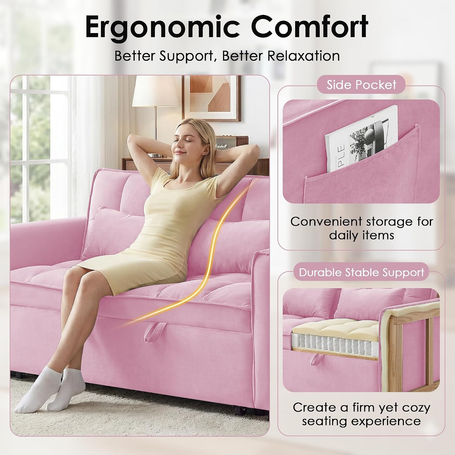 3 in 1 Convertible Sleeper Sofa Bed, 55' Pull Out Couches, Modern Loveseat Sleeper Sofa with Adjustable Reclining Backrest & Side Pockets for Living Room, Velvet Fabric, Pink