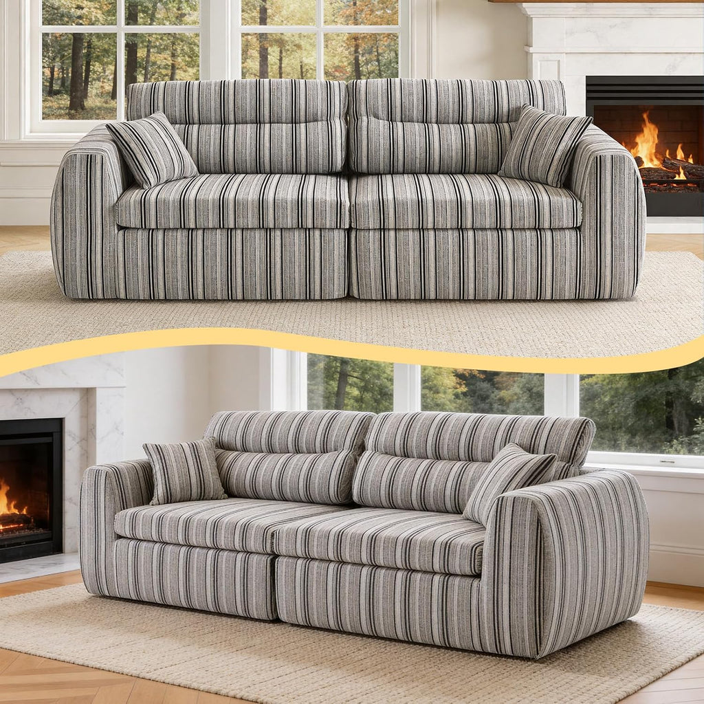 111' Modular Boneless Couch for Living Room, Pet Friendly Chenille Woven Sofa, Split-to-2 Chairs or Lounge Setup, 2-Piece Compressed Sofa in a Box, No Assembly, 1200 lb Total,Black & White