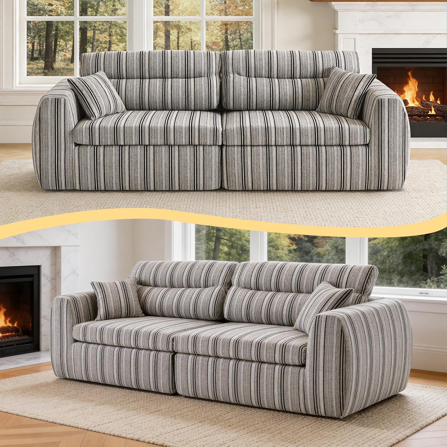 111' Modular Boneless Couch for Living Room, Pet Friendly Chenille Woven Sofa, Split-to-2 Chairs or Lounge Setup, 2-Piece Compressed Sofa in a Box, No Assembly, 1200 lb Total,Black & White