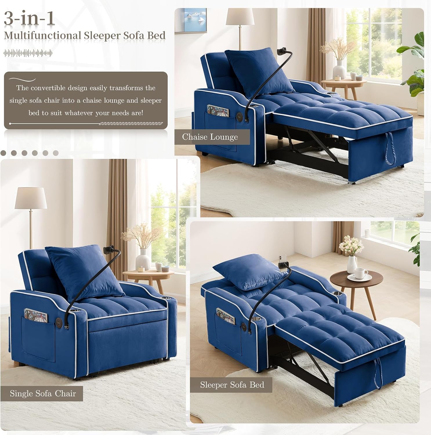 Convertible Single Sleeper Chair Bed,3 in 1 Velvet Futon Sleeper Sofa Bed with USB Ports & Phone Holder,Pull Out Couch Bed,Adjustable Recliner Armchair bed for Living Room,Office,Small Places(Blue)
