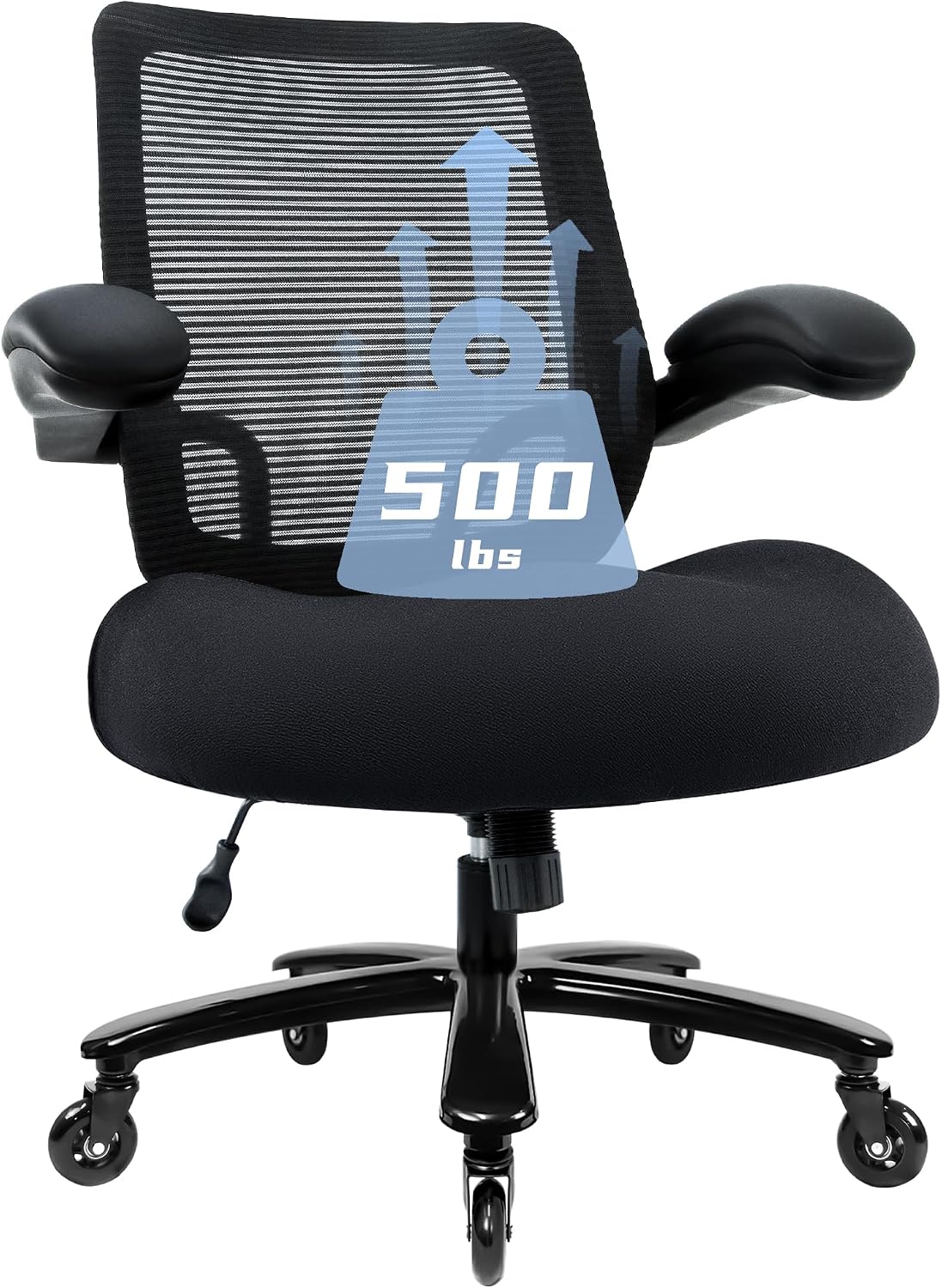 Kassipo 500LBS Big and Tall Office Chair with Flip-Up Armrests, Heavy Duty Office Chair for Heavy People, Memory Foam Seat Filling Springs, Black