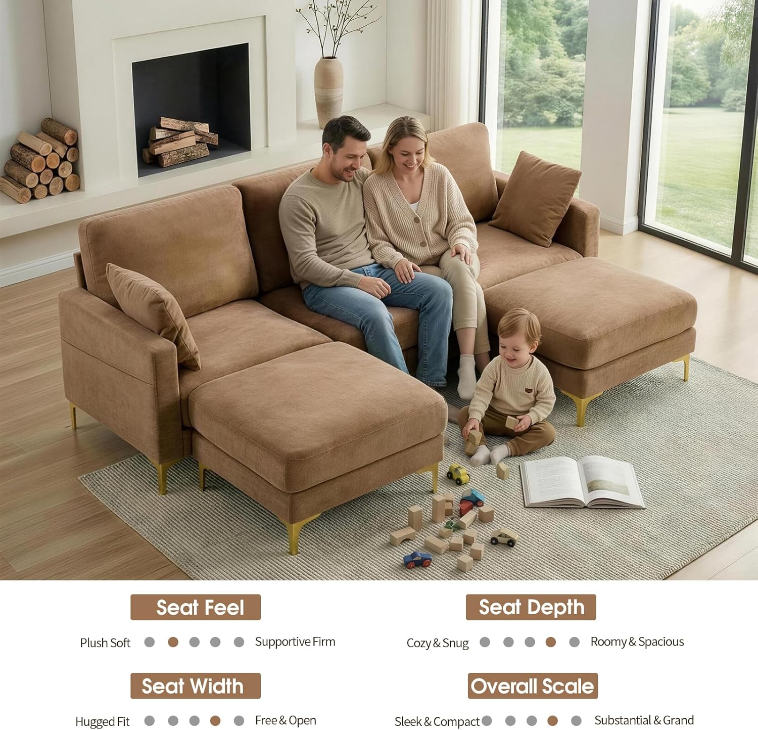 VINGLI 100' W U Shaped Couch with Ottoman, 22' Deep Seat Comfortable Sectional Couches for Living Room, 3 Seater Chenille Fabric Cloud Sofa for Apartment, Small Spaces, Bedroom, Khaki