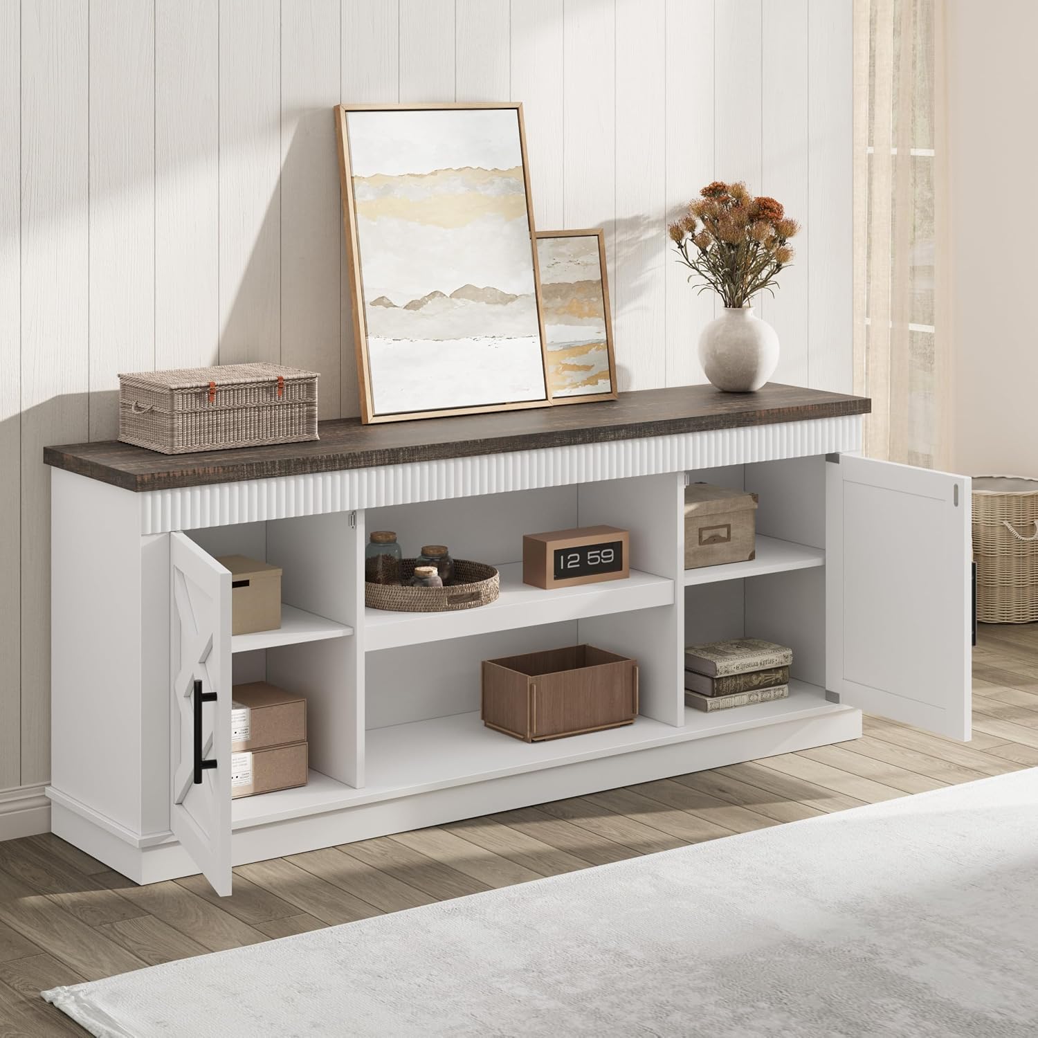 GarveeHome Farmhouse TV Stand for 70/75 in TVs, 65 in Long Entertainment Center w/ 2 Door &Open Storage Shelf, Rustic Fluted Television Consoles Stands for Living Room, Bedroom