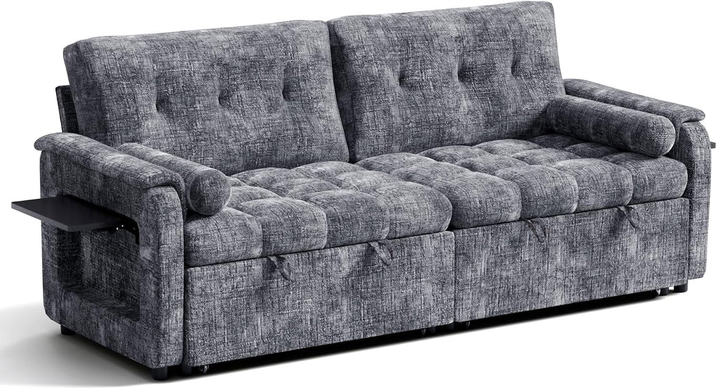 Convertible Sleeper Sofa Bed, 86 Inch Chenille Pull Out Couch with Side Table & Adjustable Backrest, Sectional Sleeper Sofa with Pull Out Bed for Living Room, Apartment, Gray