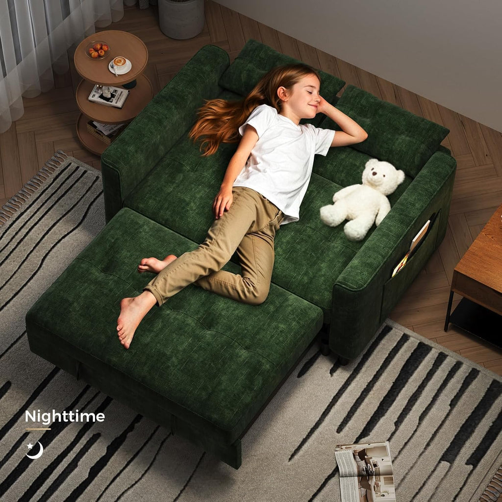 KKL 3 in 1 Convertible Small Sleeper Sofa Bed, Pull Out Couch Bed with Adjustable Backrest, Chenille Loveseat Pullout Couches with Side Pocket for Living Room, Bedroom,Green