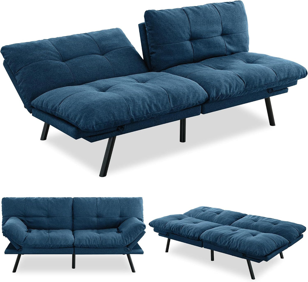 Convertible Futon Sofa Bed,71' Modern Fabric Futon Couch with Adjustable Backrest&Armrest,Small Loveseat Sleeper Sofa,Dorm Futonsofa for Apartment,Living Room,Detachable Cushions,Navy Blue